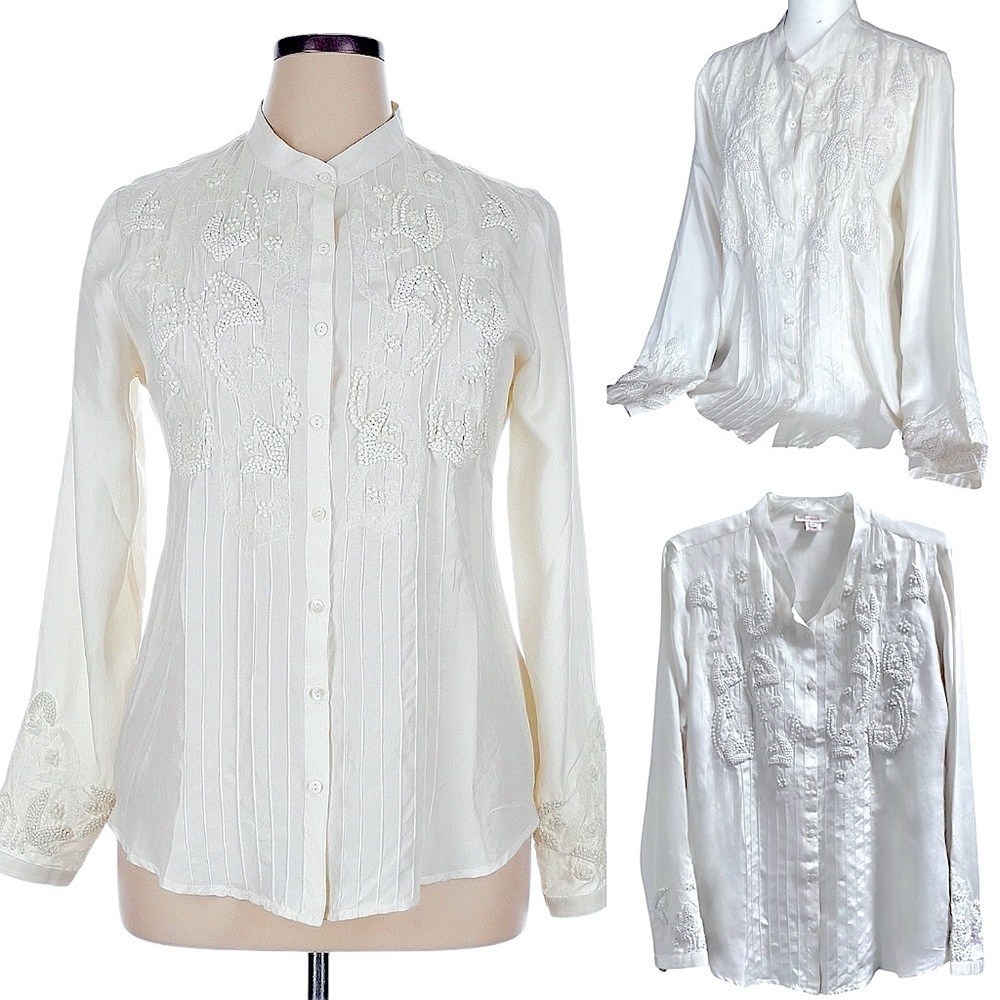 Sundance 100% Silk Button Up Long Sleeve Embroidered Women's Top Eggshell Sz 14